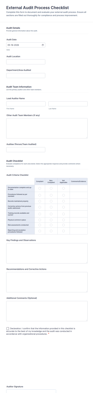 External Audit Process Checklist Form Template