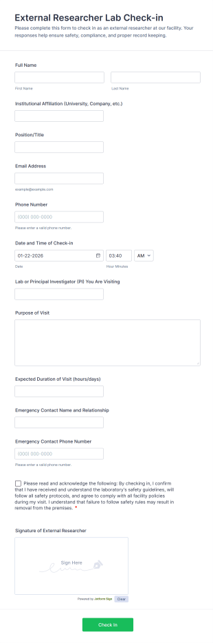 External Researcher Lab Check In Form Template