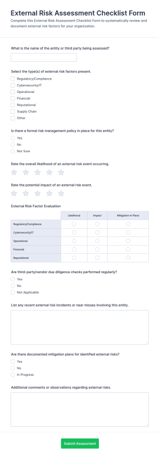 External Risk Assessment Checklist Form Template