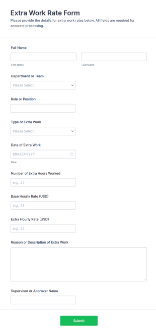 Extra Work Rate Form Template