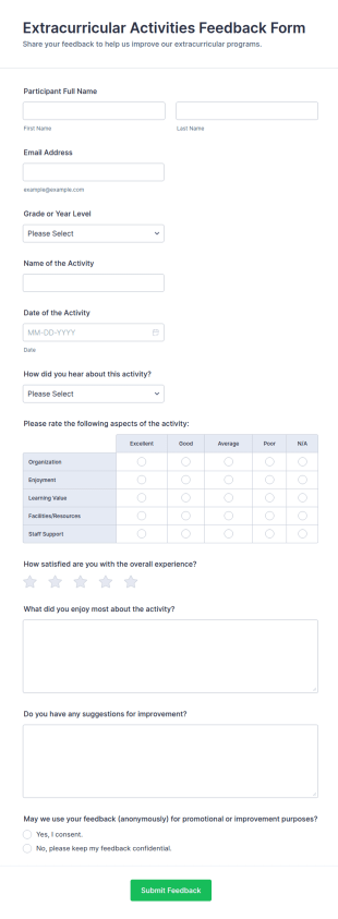 Extracurricular Activities Feedback Form Template