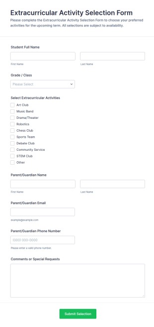 Extracurricular Activity Selection Form Template