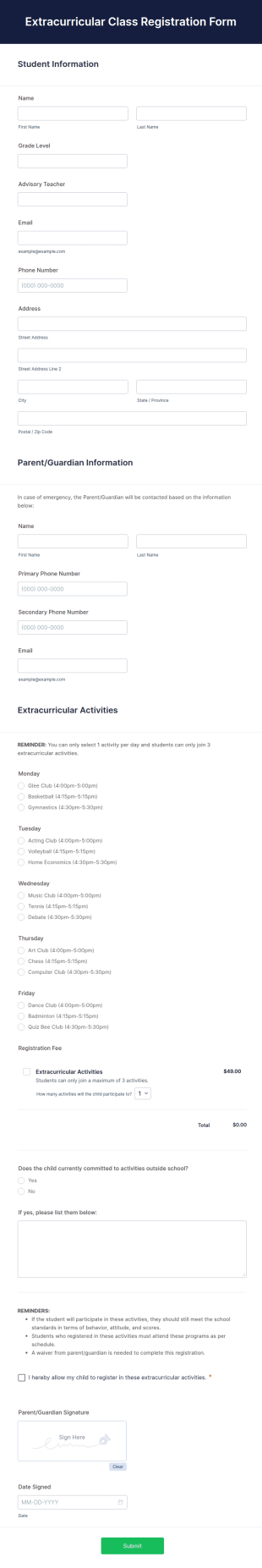 Extracurricular Class Registration Form Template