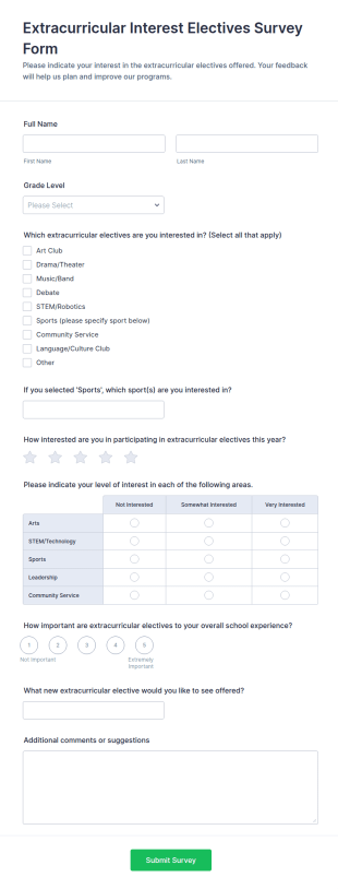 Extracurricular Interest Electives Survey Form Template