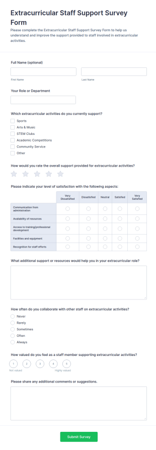 Extracurricular Staff Support Survey Form Template