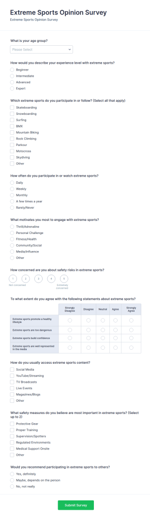 Extreme Sports Opinion Survey Form Template