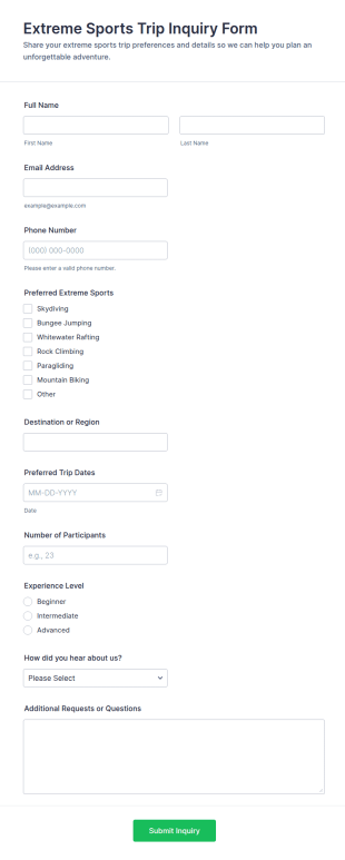 Extreme Sports Trip Inquiry Form Template