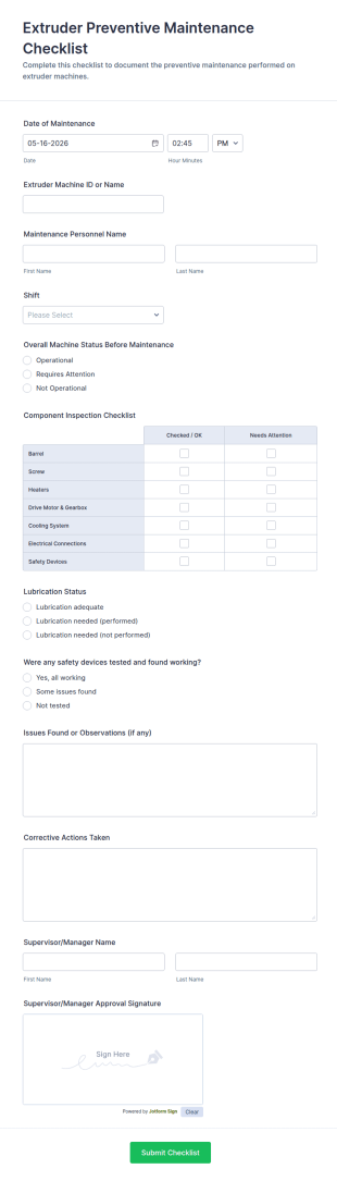 Extruder Preventive Maintenance Checklist Form Template