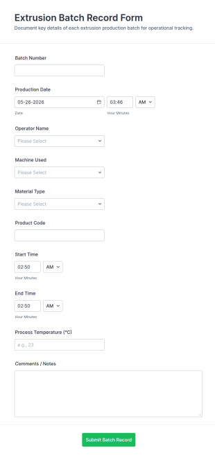 Extrusion Batch Record Form Template