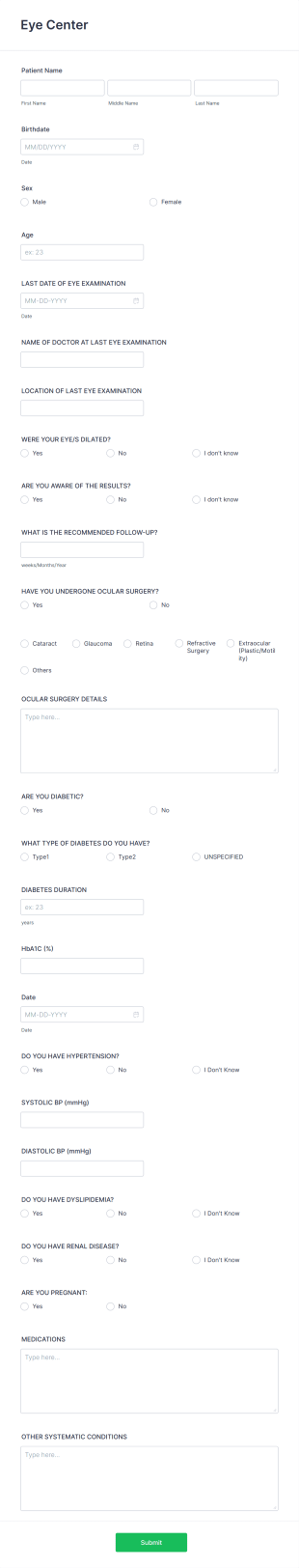 Eye Center Patient Information Form Template
