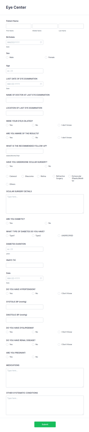 Eye Center Patient Information Form Template