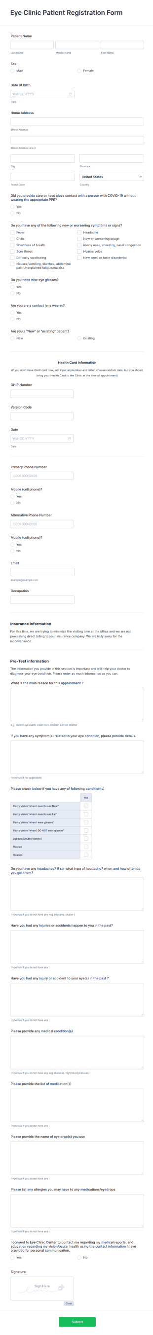Eye Clinic Patient Registration Form Template