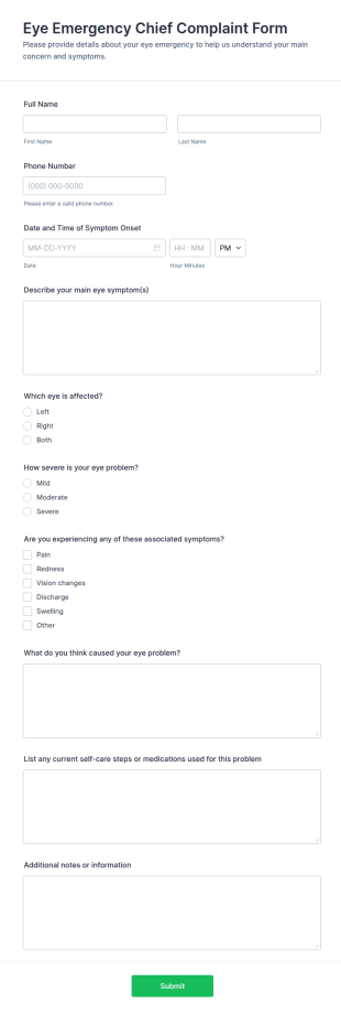 Eye Emergency Chief Complaint Form Template