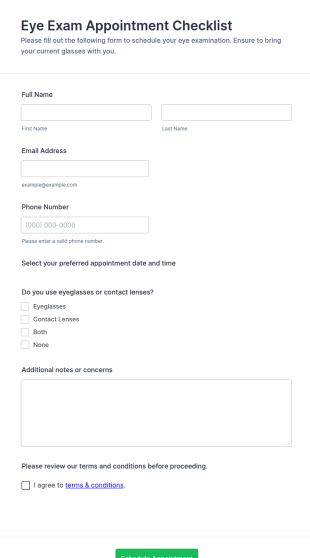 Eye Exam Appointment Checklist Form Template