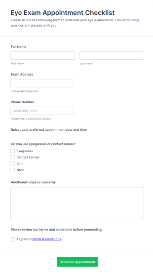 Eye Exam Appointment Checklist Form Template