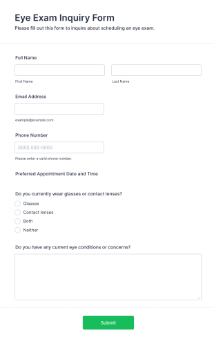 Eye Exam Inquiry Form Template