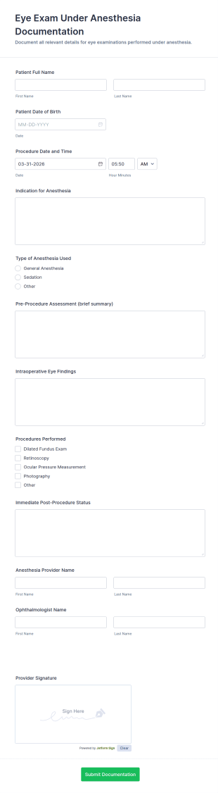 Eye Exam Under Anesthesia Documentation Form Template