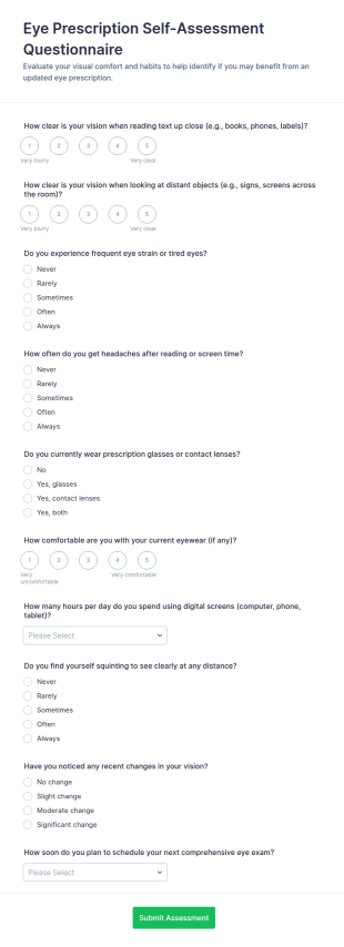 Eye Prescription Self Assessment Questionnaire Form Template