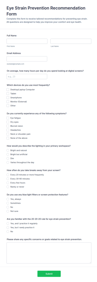 Eye Strain Prevention Recommendation Form Template