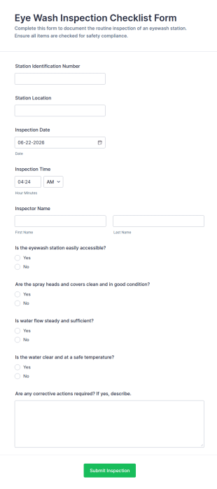 Eye Wash Inspection Checklist Form Template