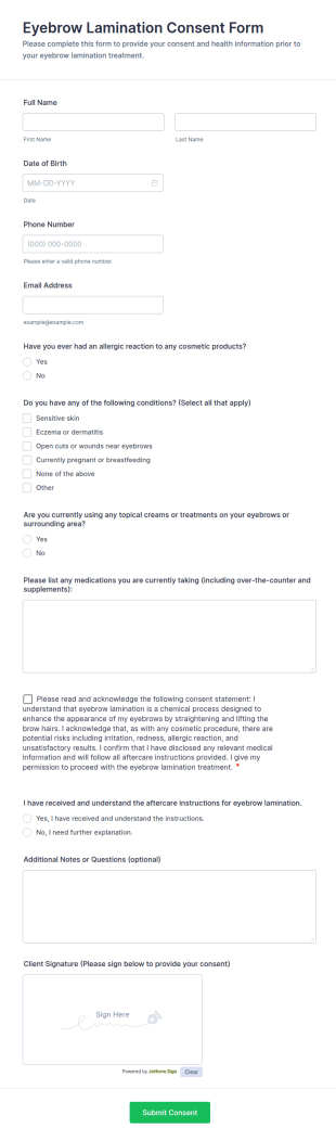 Eyebrow Lamination Consent Form Template