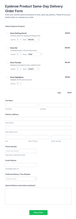 Eyebrow Product Same Day Delivery Order Form Template