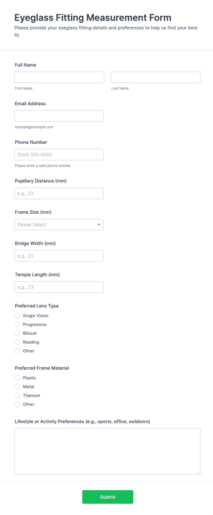 Eyeglass Fitting Measurement Form Template