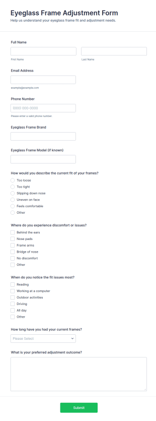 Eyeglass Frame Adjustment Form Template