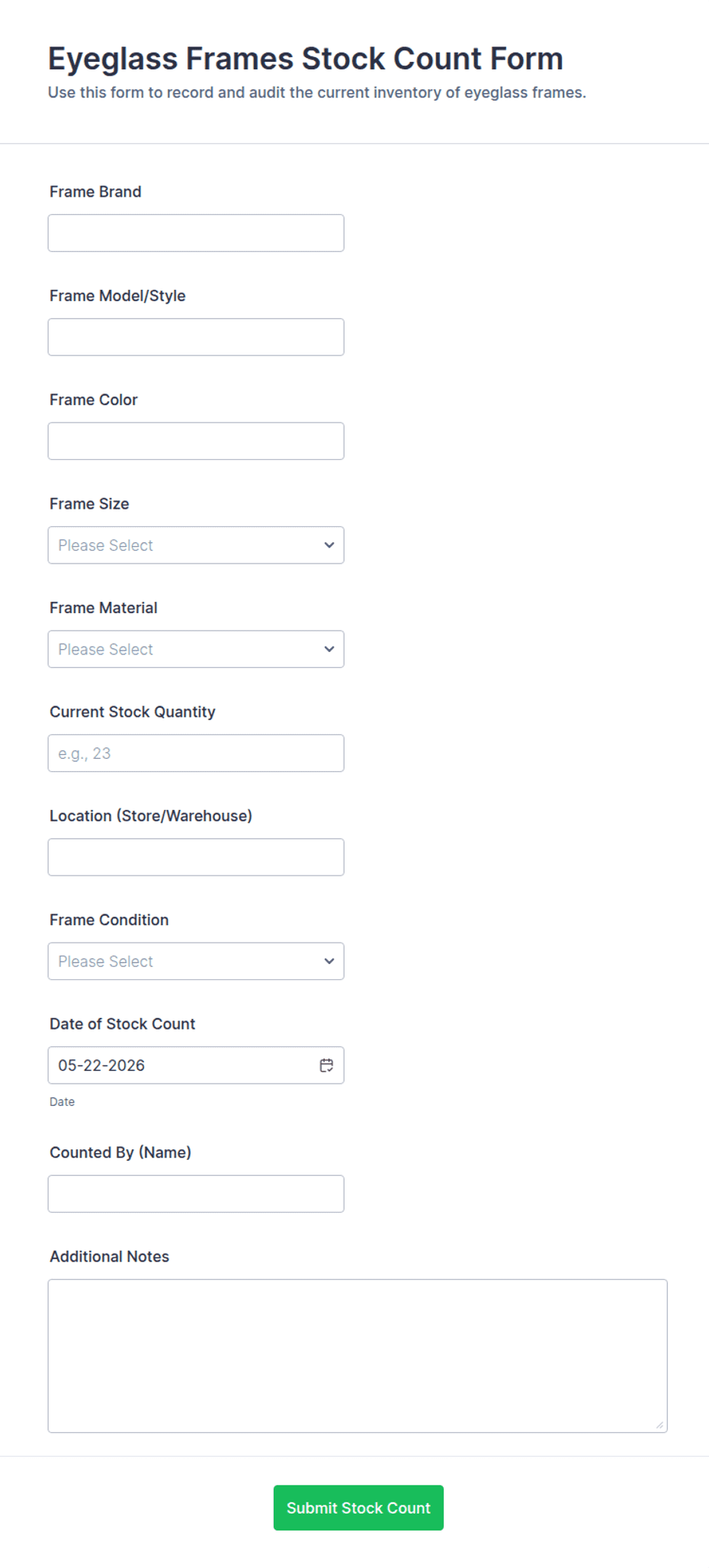 Eyeglass Frames Stock Count Form Template | Jotform