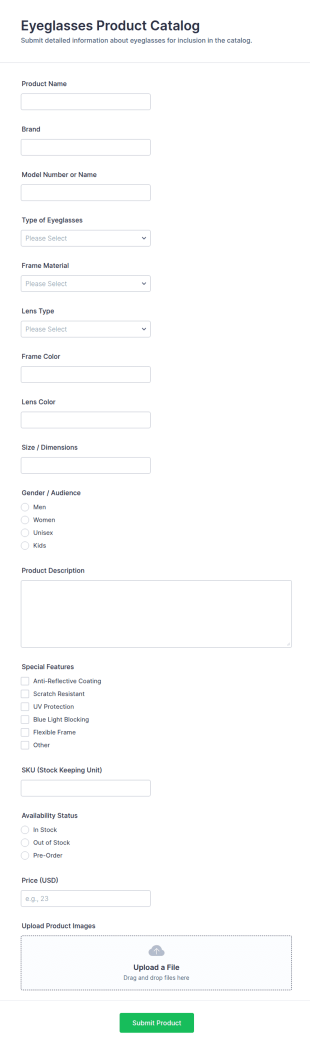 Eyeglasses Product Catalog Form Template