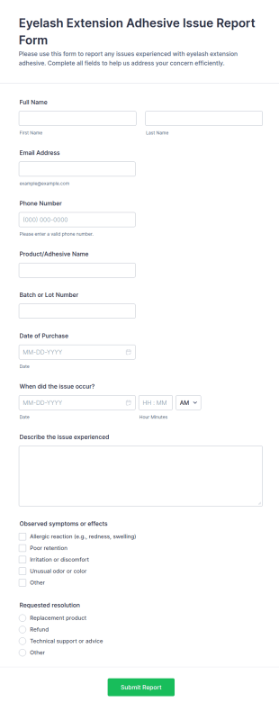 Eyelash Extension Adhesive Issue Report Form Template