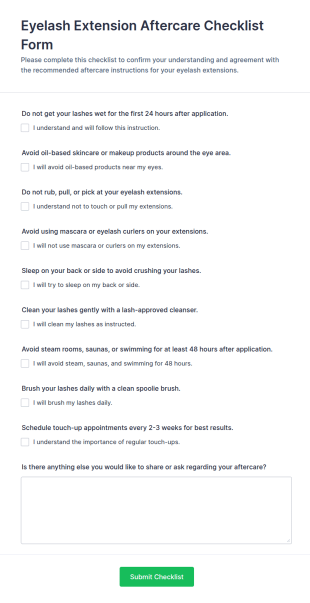 Eyelash Extension Aftercare Checklist Form Template