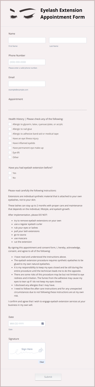 Eyelash Extension Appointment Form Template