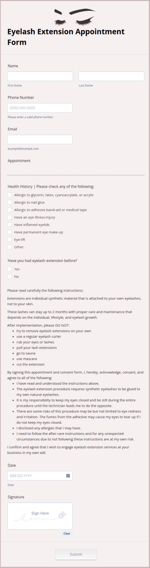 Eyelash Extension Appointment Form Template