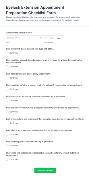 Eyelash Extension Appointment Preparation Checklist Form Template