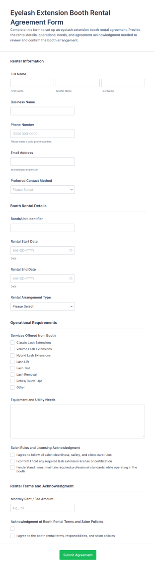 Eyelash Extension Booth Rental Agreement Form Template
