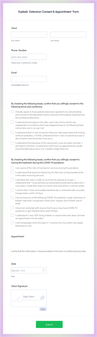 Eyelash Extension Consent & Appointment Form Template