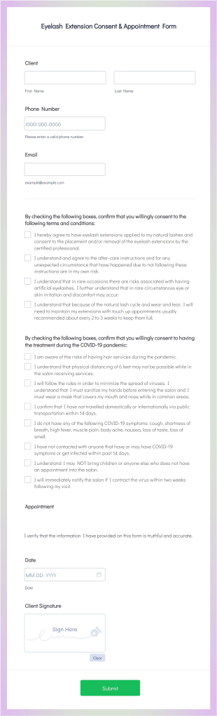 Eyelash Extension Consent & Appointment Form Template