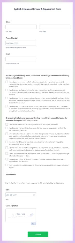 Eyelash Extension Consent & Appointment Form Template