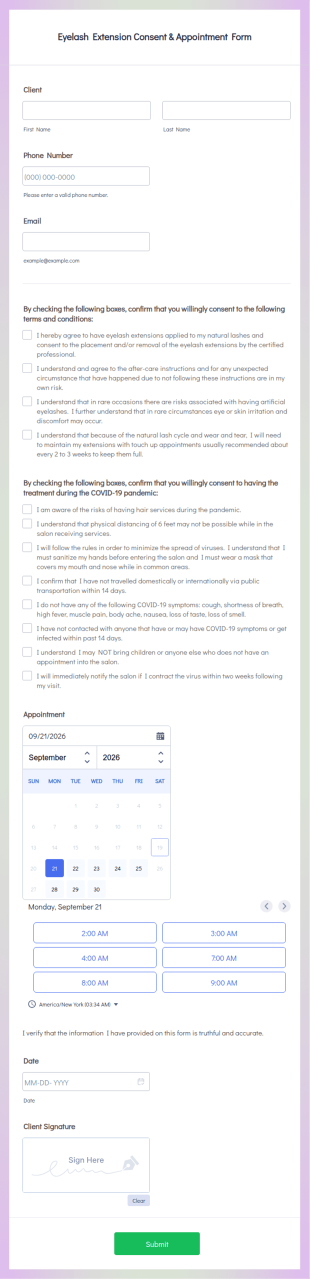 Eyelash Extension Consent & Appointment Form Template