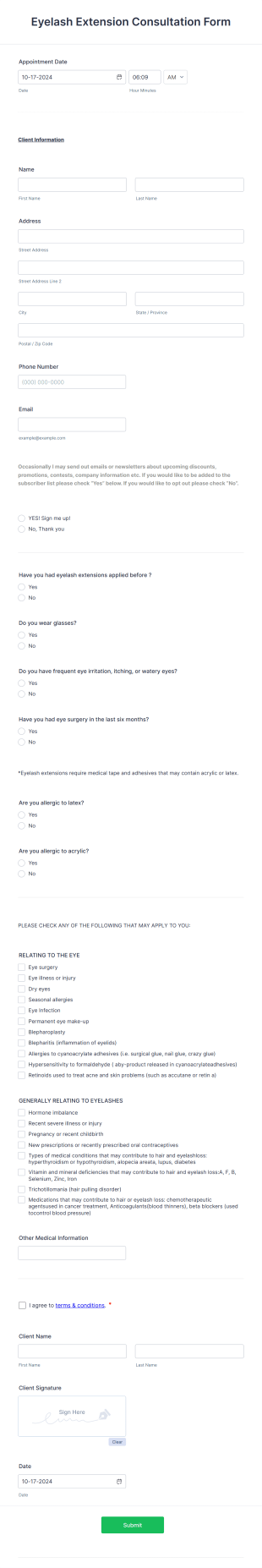Eyelash Extension Consultation Form Template