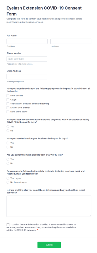 Eyelash Extension COVID 19 Consent Form Template