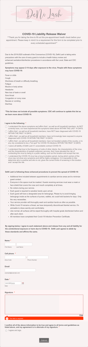 Eyelash Extension COVID 19 Liability Form Template