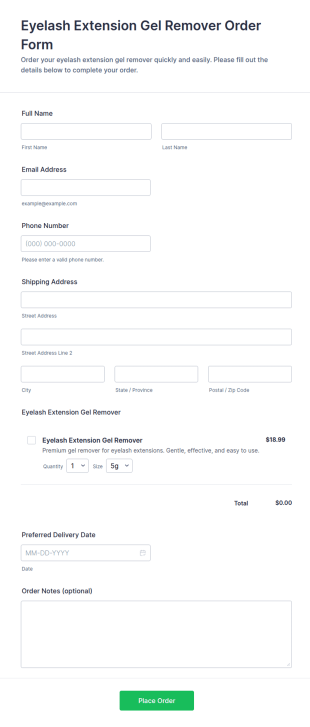Eyelash Extension Gel Remover Order Form Template