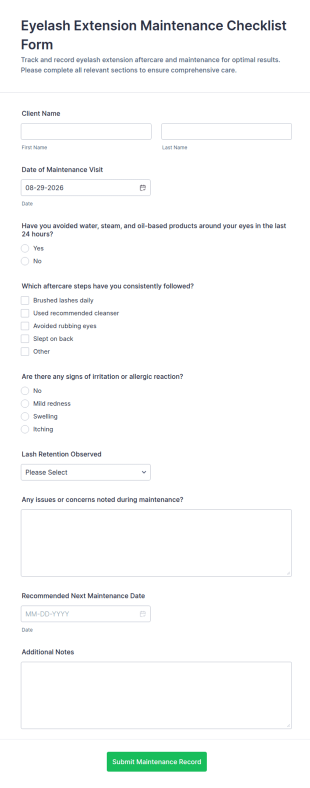 Eyelash Extension Maintenance Checklist Form Template