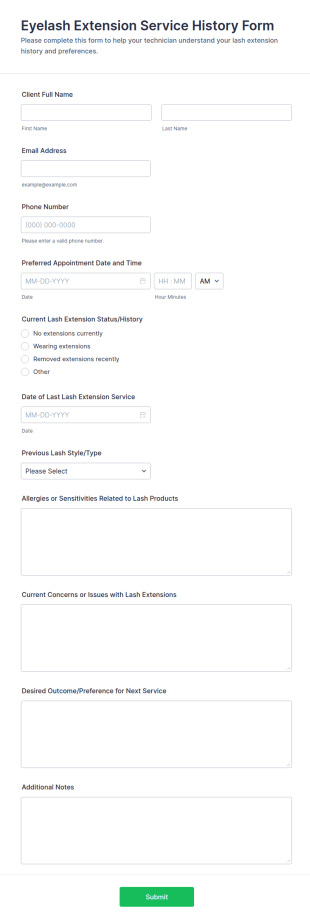 Eyelash Extension Service History Form Template