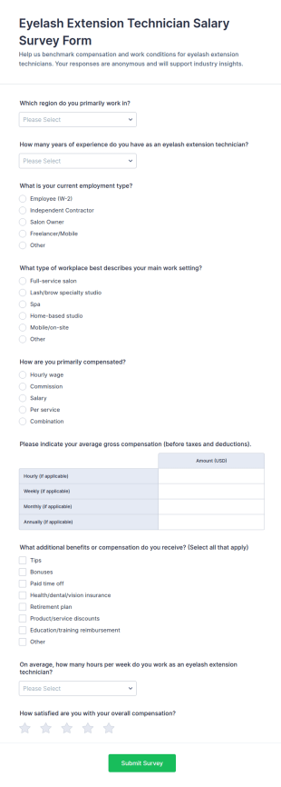 Eyelash Extension Technician Salary Survey Form Template