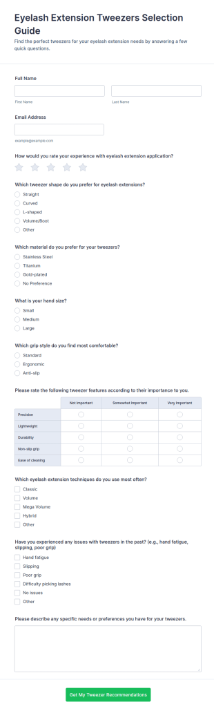 Eyelash Extension Tweezers Selection Guide Form Template