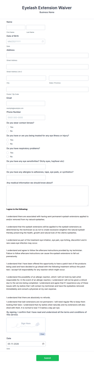 Eyelash Extension Waiver Form Template