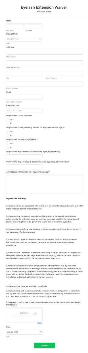Eyelash Extension Waiver Form Template